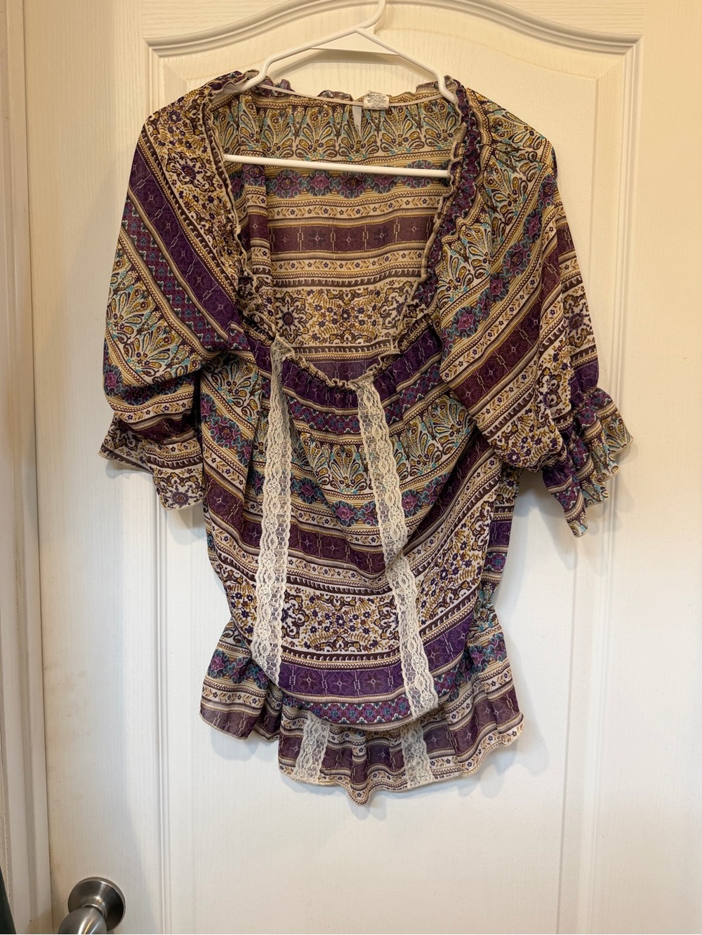 Lilly Lou Boho Tunic Blouse Purple Paisley Lace Tie Ruffle Bell Sleeve Top